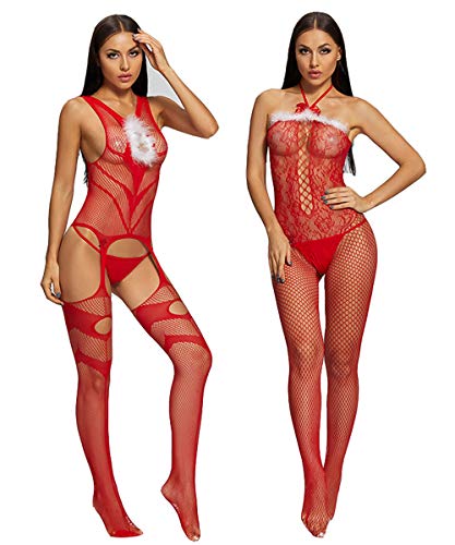 LOVELYBOBO 2 Pack Weihnachtsfeier Baby Dolls, Bodystocking/Body Weihnachten Plus Size Lace Nachtwäsche Dessous Versuchung Babydoll Overall Dessous Unterwäsche Lingerie von LOVELYBOBO