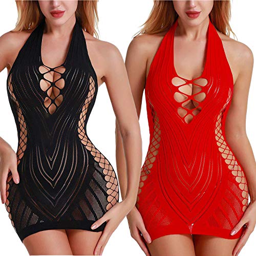 Lovelybobo 2 Pairs Frauen Reizw?sche Dessous Korsett Minikleid Negligee Tr?gerlos Mesh Höhle(Schwarz+Rot)für Damen Einheitsgröße Schwarz + Rot von LOVELYBOBO