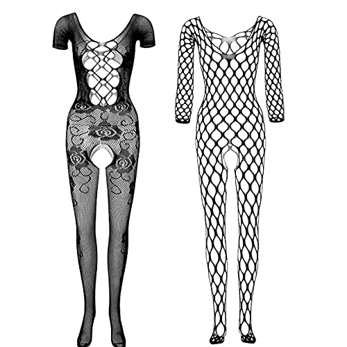 LOVELYBOBO 2-Pack Sexy Schwarze Netzstrümpfe Ouvert Bodystocking Sexy Dessous netz dessous Augenmaske schwarz von LOVELYBOBO