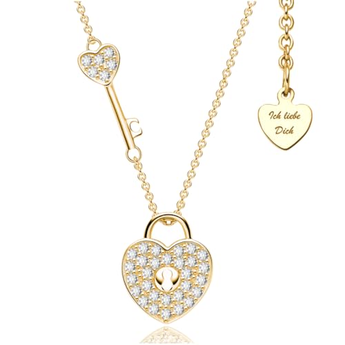 Halskette Damen Silber 925 / Gelbgold Rosegold vergoldet Herzkette mit Schlüssel Damenkette Kette Ich Liebe Dich Silberkette Anhänger Schmuck Jahrestag Geschenke Frauen Freundin (Gelbgold vergoldet) von LOVENEST