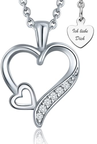 Herzkette Silber 925 / Gold vergoldet Halskette Damen *Ich Liebe Dich* Kette Silberkette Herzanhänger Herz Schmuck Geschenke für Frau Ehefrau Freundin Geburtstag Jahrestag Hochzeitstag Liebesgeschenk von LOVENEST
