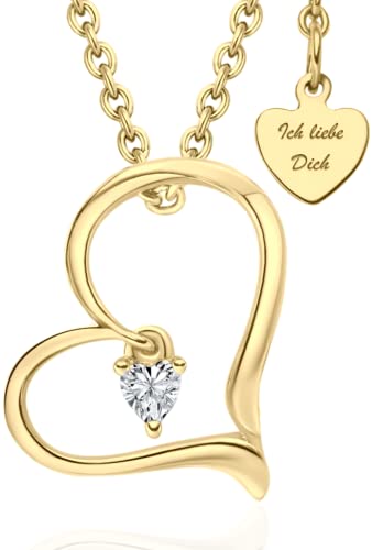 LOVENEST Halskette Damen Gold (vergoldet) | 2-in-1 Herzkette Gold mit kleinem ZIRKONIA-HERZ | Kette Goldkette mit Herz-Anhänger | Kette Damenkette Geschenk *Ich Liebe Dich* | Schmuck Frauen Freundin von LOVENEST
