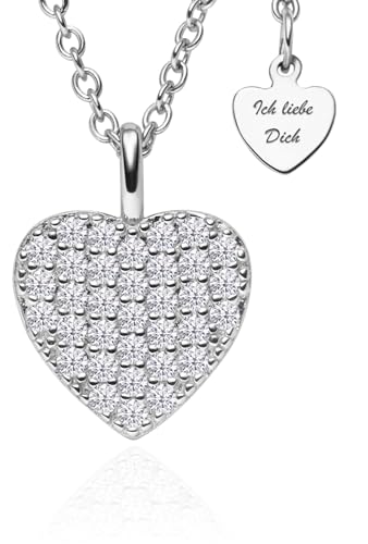 LOVENEST Herzkette Silber 925 Kette Halskette mit 34 ZIRKONIA-Steinchen Silberkette mit Herz-Anhänger Ich Liebe Dich Schmuck Geschenk für Frau Ehefrau Freundin zum Geburtstag, Jahrestag, Hochzeitstag von LOVENEST