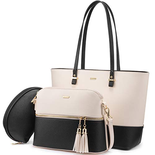 LOVEVOOK Handtasche Damen Schultertasche Handtaschen Tragetasche Damen Groß Designer Elegant Umhängetasche Henkeltasche Set 3-teiliges Set (Beige Schwarz) von LOVEVOOK