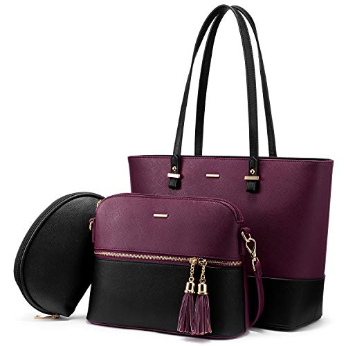 LOVEVOOK Handtasche Damen Shopper Schultertasche Umhängetasche Damen Groß Damen Tasche für Büro Schule Einkauf Reise Handtasche 3-teiliges Set, Dunkellila von LOVEVOOK