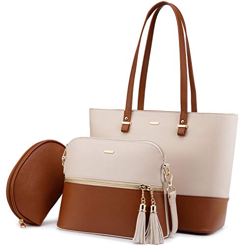 LOVEVOOK Handtasche Damen Shopper Schultertasche Umhängetasche Damen Groß Damen Tasche Handtasche 3-teiliges Set, Beige-Braun von LOVEVOOK