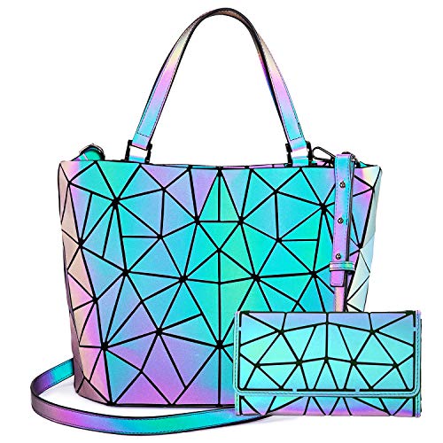 LOVEVOOK Geometrische Taschen, 2pcs Damen Handtasche Faltbare Geldbörse Set, Holographic Purse Leuchtende Brieftasche Shopper von LOVEVOOK