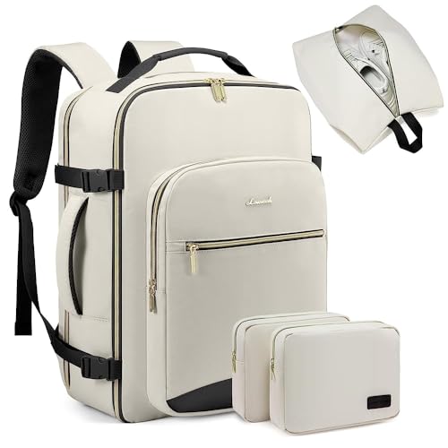 LOVEVOOK Handgepäck Rucksack Flugzeug, 40L Groß Reiserucksack Damen Kofferrucksack, Wasserdicht Reisetasche für 17 Zoll Laptop, Travel Backpack für Reise Geschäftsreise Business Wandern Weekend Beige von LOVEVOOK