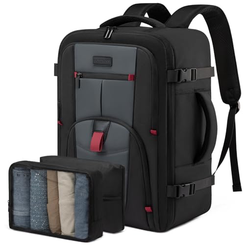 LOVEVOOK Handgepäck Rucksack Flugzeug, Reiserucksack Herren Groß, Kofferrucksack mit 15.6 Zoll Laptopfach, Travel Backpack Cabin Bag für Reise Arbeit Business, Schwarz Grau von LOVEVOOK
