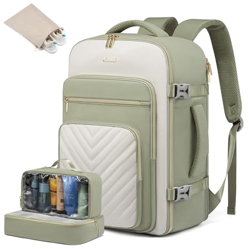 LOVEVOOK Reiserucksack Handgepäck Flugzeug, 40L Rucksack Damen Groß, Wasserdicht Laptop Rucksack 17 Zoll mit Laptopfach, Easyjet Handgepäck 45x36x20 Cabin Bag für Reise Arbeit Wandern, Olivgrün Beige von LOVEVOOK