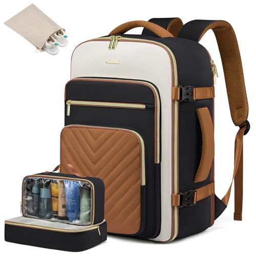 LOVEVOOK Rucksack Handgepäck Flugzeug, 40L Reiserucksack Damen Groß, Wasserdicht Laptop Rucksack Damen 17 Zoll mit Laptopfach, Easyjet Handgepäck 45x36x20 Cabin Bag für Reise Arbeit Wandern, Braun von LOVEVOOK