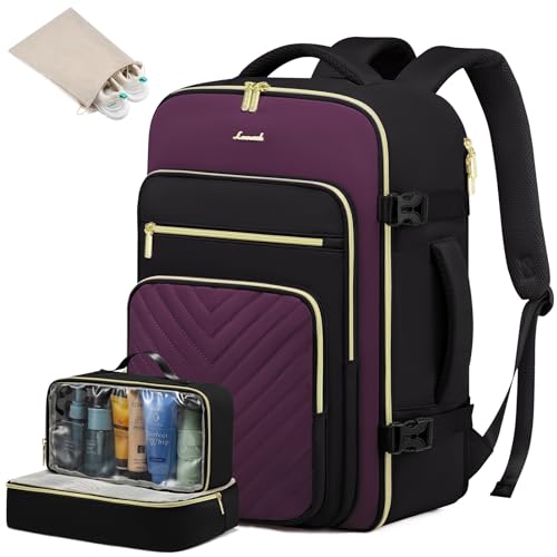 LOVEVOOK Reiserucksack Damen Groß, 40L Handgepäck Rucksack mit 3 Packing Cubes, Wasserdicht Laptop Rucksack 17 Zoll, Travel Backpack Weekender Damen für Reise Arbeit Wandern, Schwarz Violett von LOVEVOOK