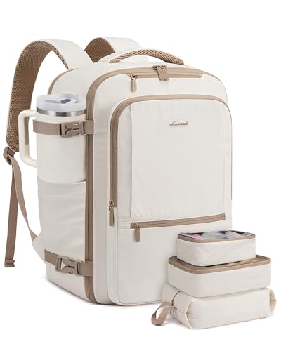 LOVEVOOK Handgepäck Rucksack Flugzeug, 40L Groß Reiserucksack Herren Damen Laptop Rucksack 17 Zoll, Wasserdicht Travel Backpack Kofferrucksack, Weekender Cabin Bag für Reise Arbeit Urlaub, Beige von LOVEVOOK