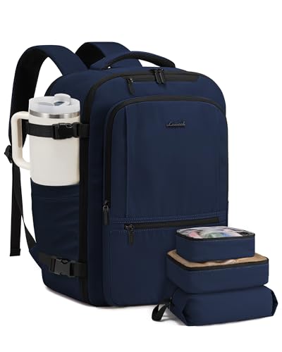 LOVEVOOK 40L Handgepäck Rucksack, Groß Reiserucksack Flugzeug Herren Damen 17 Zoll Laptop Rucksack, Wasserdicht Travel Backpack mit 3 Packing Cubes, Kofferrucksack Tasche für Arbeit Camping, Blau von LOVEVOOK