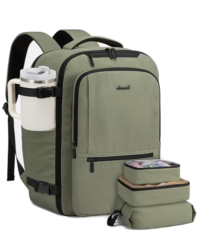 LOVEVOOK 40L Handgepäck Rucksack, Groß Reiserucksack Flugzeug Herren Damen 17 Zoll Laptop Rucksack, Wasserdicht Travel Backpack mit 3 Packing Cubes, Kofferrucksack Tasche für Arbeit Camping, Grün von LOVEVOOK