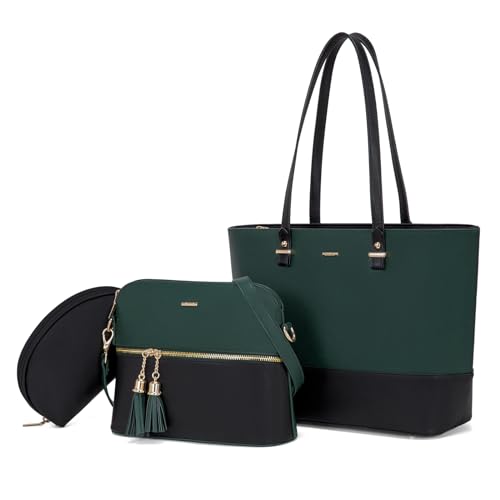 LOVEVOOK Handtasche Damen Groß Handtaschen Set Elegant Umhängetasche Shopper Tasche Schultertasche 3-teiliges Set Frauen Geschenk für Büro Uni Reise, Dunkelgrün Schwarz von LOVEVOOK