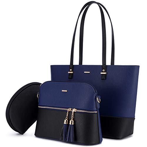 LOVEVOOK Handtasche Damen Schultertasche Handtaschen Tragetasche Groß Designer Elegant Umhängetasche Henkeltasche Set 3-teiliges Set, Blau Schwarz… von LOVEVOOK