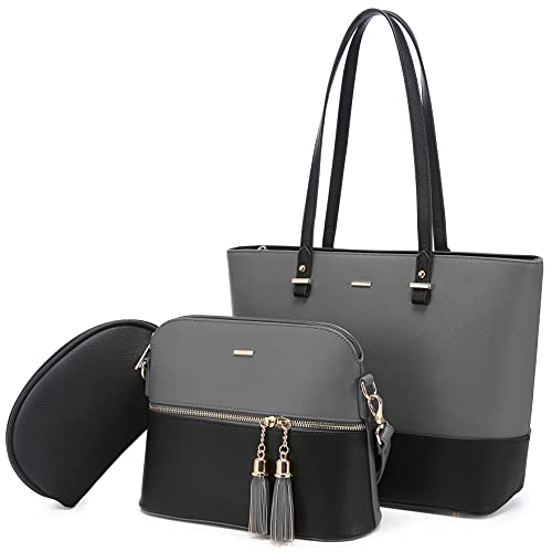 LOVEVOOK Handtasche Damen Schultertasche Handtaschen Tragetasche Damen Groß Designer Elegant Umhängetasche Henkeltasche Set 3-teiliges Set (B-grau schwarz) von LOVEVOOK