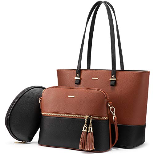 LOVEVOOK Handtasche Damen Schultertasche Handtaschen Tragetasche Damen Groß Designer Elegant Umhängetasche Henkeltasche Set 3-teiliges Set (Braun-schwarz)… von LOVEVOOK