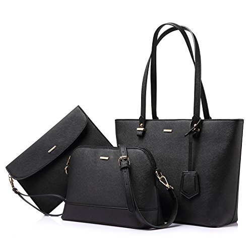 LOVEVOOK Handtasche Damen Schultertasche Handtaschen Tragetasche Damen Groß Designer Elegant Umhängetasche Henkeltasche Set 3-teiliges Set Schwarz von LOVEVOOK