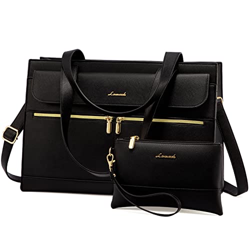 LOVEVOOK Laptop Handtasche Damen, Laptoptasche 15,6 Zoll Shopper Tasche Damen Groß, PU Leder Aktentasche Umhängetasche, Wasserdicht Arbeitstasche Lehrertasche für Business Büro Schule, Schwarz von LOVEVOOK