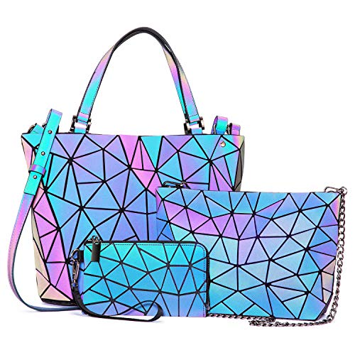 LOVEVOOK Handtasche Set Damen, Geometrische Holographic Taschen, 3pcs Umhängetasche Henkeltasche Geldbörse PU Leder, Leuchtende Schultertasche, Beste Geschenk für Frauen, A-3 Sets von LOVEVOOK