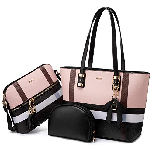 LOVEVOOK Handtasche damen shopper Schultertasche Umhängetasche Geldbörse Tragetasche Groß Tasche Tote für Büro Schule Einkauf Reise Leder 3 Set Rosa Schwarz von LOVEVOOK