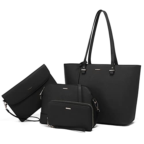 LOVEVOOK Handtaschen Damen Handtasche Schwarz Damen Shopper Tasche Set, elegant Schultertasche Umhängetasche Geldbörse Portmonee 4PCs Set Geschenk, Schwarz von LOVEVOOK