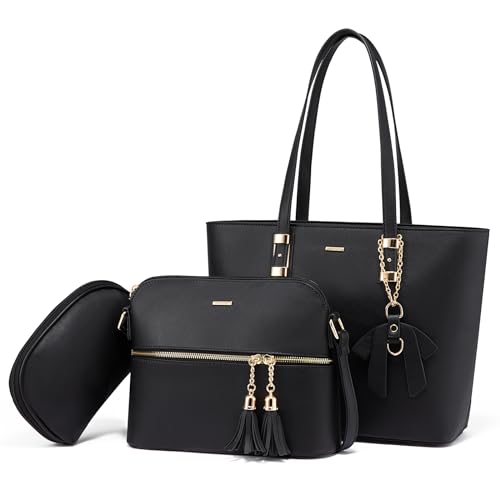 LOVEVOOK Handtasche Damen Set, Shopper Schultertasche Umhängetasche Damen Schwarz Geldbörse Tragetasche Groß Damen Tasche Tote für Büro Schule Einkauf Reise, Handtaschen Schwarz von LOVEVOOK