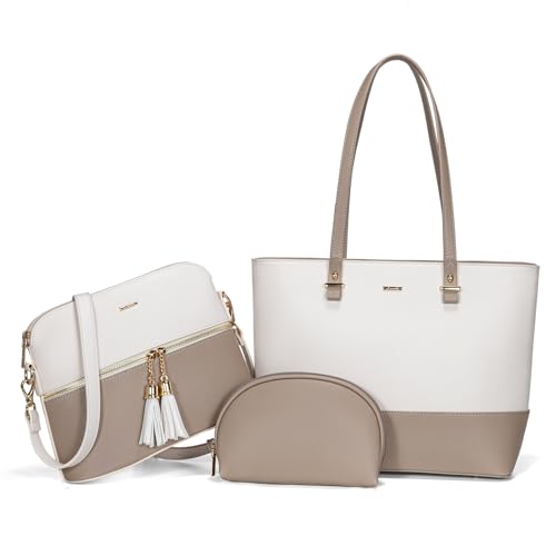 LOVEVOOK Handtaschen Damen Shopper Schultertasche Umhängetasche Damen Groß Damen Tasche für Büro Schule Einkauf Reise Handtasche 3-teiliges Set, Beige Khaki von LOVEVOOK