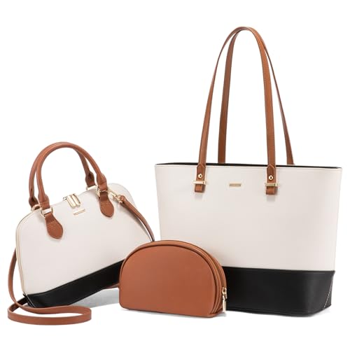 LOVEVOOK Handtaschen Damen Shopper Schultertasche Umhängetasche Damen Groß Damen Tasche für Büro Schule Einkauf Reise Handtasche 3-teiliges Set, Braun Beige Schwarz von LOVEVOOK