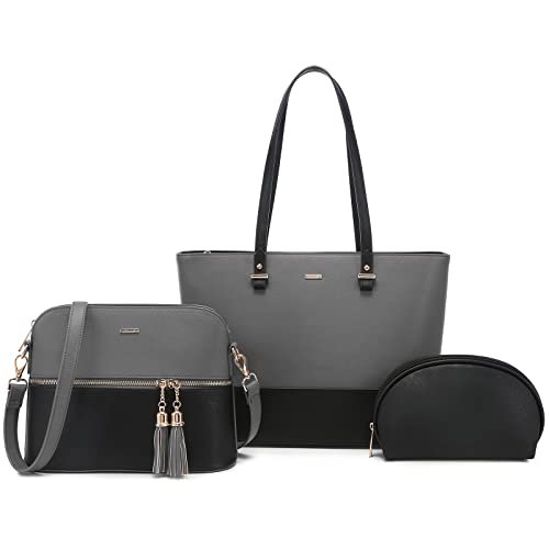 LOVEVOOK Handtaschen Damen Shopper Schultertasche Umhängetasche Damen Groß Damen Tasche für Büro Schule Einkauf Reise Handtasche 3-teiliges Set, Grau Schwarz von LOVEVOOK