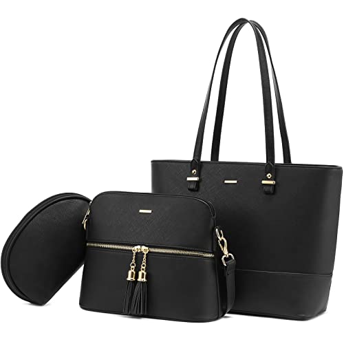 LOVEVOOK Handtaschen Damen Shopper Schultertasche Umhängetasche Damen Groß Damen Tasche für Büro Einkauf Reise Handtasche 3-teiliges Set, Schwarz von LOVEVOOK