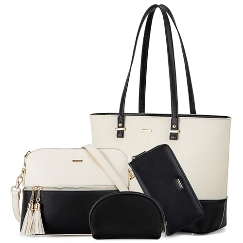 LOVEVOOK Handtasche Damen Groß Handtaschen Set Elegant Umhängetasche Shopper Tasche Schultertasche 4-teiliges Set Frauen Geschenk für Büro Uni Reise, Beige Schwarz von LOVEVOOK