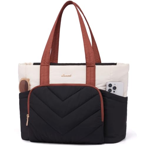 LOVEVOOK Shopper Tasche Handtasche Damen Groß, Leicht Puffer Arbeitstasche Tote Bag, 15,6 Zoll Laptoptasche Lehrertasche, Aktentasche Handbags Women für Uni Business Schule Büro, Schwarz, Weiß, Braun von LOVEVOOK