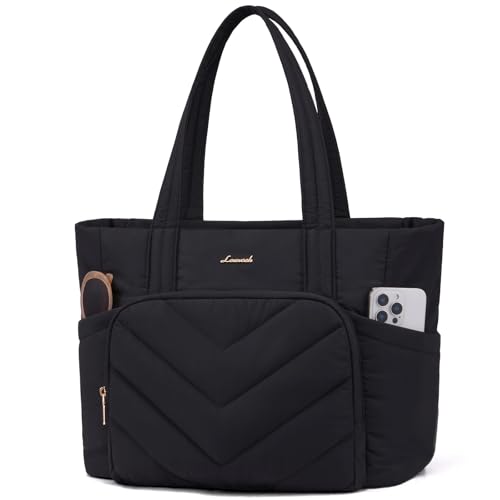LOVEVOOK Laptoptasche Damen 17,3 Zoll, Shopper Tasche Groß, Puffer Handtasche Arbeitstasche Tote Bag, Lehrertasche Schultertasche Aktentasche, Handbags Women für Uni Business Schule Büro, Schwarz von LOVEVOOK
