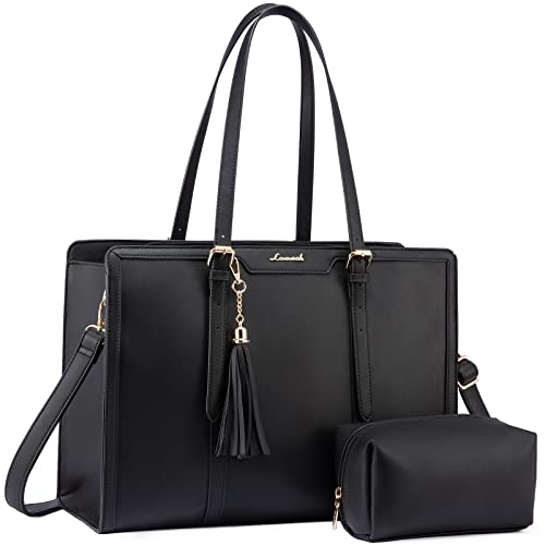 LOVEVOOK Laptoptasche für Damen, 39,6 cm (15,6 Zoll), leichte Canvas-Laptop-Tasche, große Kapazität, Computertasche mit Clutch, für Business, Arbeit, Büro, Reisen, Schule, Freizeit (Schwarz und Leder) von LOVEVOOK