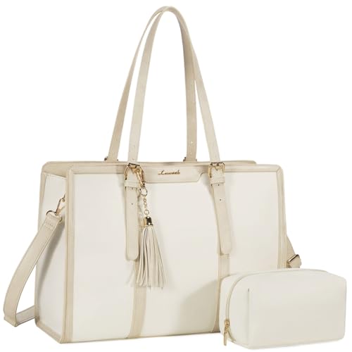 LOVEVOOK Laptoptasche für Damen, 39,6 cm (15,6 Zoll), leichte Canvas-Laptop-Tasche, große Kapazität, Computertasche mit Clutch für Business, Arbeit, Büro, Reisen, Schule (Perlweiß & Beige, 39,6 cm) von LOVEVOOK