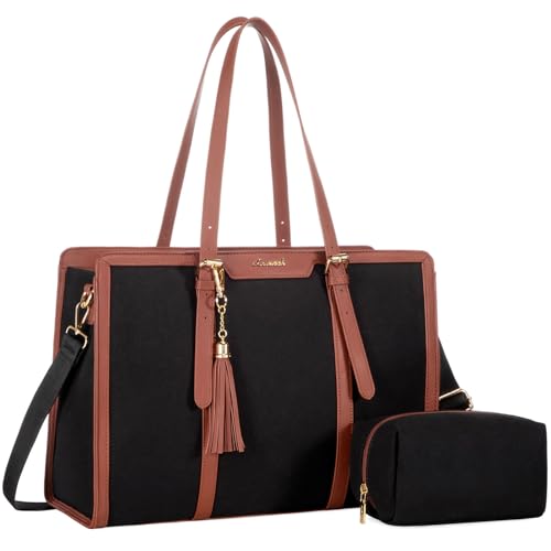 LOVEVOOK Laptoptasche für Damen, 39,6 cm (15,6 Zoll), leichte Canvas-Laptop-Tasche, große Kapazität, Computertasche mit Clutch für Business, Arbeit, Büro, Reisen, Schule (schwarz und braun, 39,6 cm) von LOVEVOOK