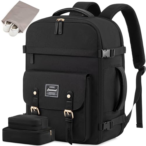 LOVEVOOK Reiserucksack Schulrucksack Damen, Schwarzer Uni Laptop Rucksack 17 Zoll, Handgepäck Rucksack Flugzeug, School Bag Women Schultasche mit Klppe für Studenten Reise Wandern Arbeit, Schwarz von LOVEVOOK