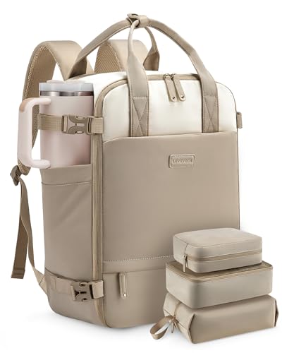 LOVEVOOK Reiserucksack Damen Groß, Handgepäck Rucksack Flugzeug 15.6 Zoll Laptop Travel Backpack Women Weekender Reisetasche Wasserdicht Carry On Cabin Luggage Bag für Business Reise, Beige Khaki von LOVEVOOK