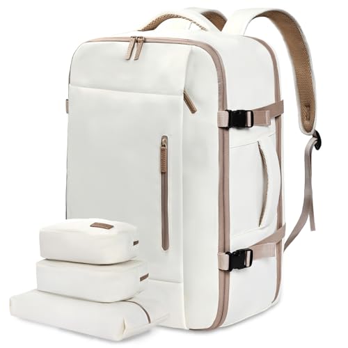 LOVEVOOK Reiserucksack Damen Herren Groß, 40L Handgepäck Rucksack mit 3 Packing Cubes, Wasserdicht Laptop Rucksack 17 Zoll Travel Backpack Weekender Cabin Bag für Reise Arbeit Wandern, Beige Khaki von LOVEVOOK