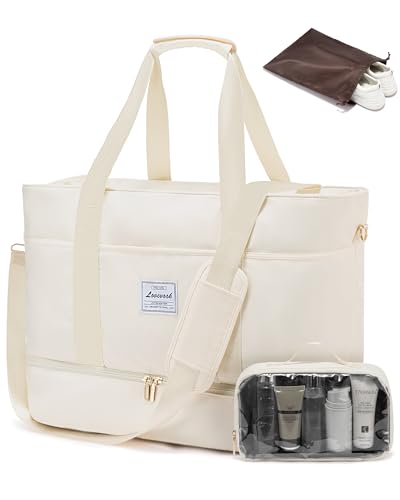 LOVEVOOK Reisetasche Damen, Wasserdicht Weekender Travel Bag mit Schuhfach, Duffle Bag Kliniktasche Geburt Mommy Handgepäck Tasche Saunatasche Gym Sporttasche Schwimmtasche für Reise Ryanair Beige von LOVEVOOK