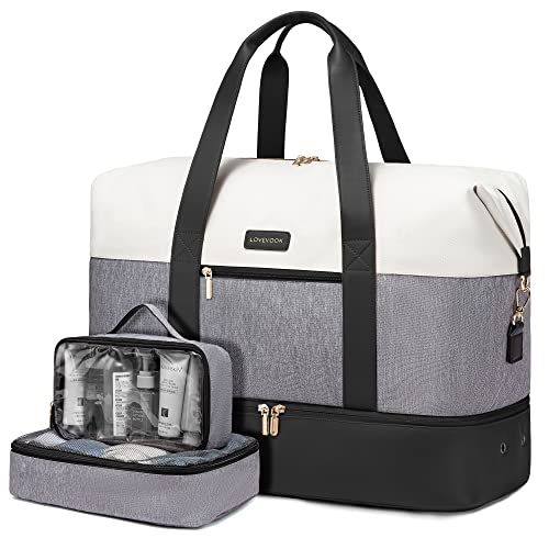 LOVEVOOK Reisetasche Sporttasche Damen, Leichte 60L Weekender Travel Bag, Kliniktasche Geburt mit Kulturtasche Schuhfach, Handgepäck Tasche Flugzeug für Ryanair, Beige Grau Schwarz von LOVEVOOK