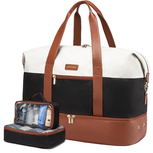 LOVEVOOK Reisetasche Damen, Sporttasche Weekender Handgepäck Tasche Für Flugzeug, Kliniktasche Geburt, Garment Duffle Bag Travel Bag mit Kulturtasche Schuhfach, Beige Braun Schwarz von LOVEVOOK