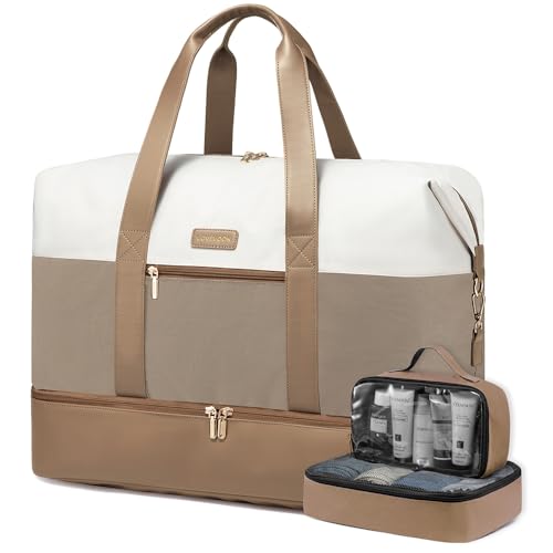 LOVEVOOK Reisetasche Damen Weekender Bag Groß Handgepäck Tasche Sporttasche Kliniktasche Eeburt Travel Duffle Bag mit Kulturtasche Schuhfach für Flugzeug Reisen, Beige Khaki von LOVEVOOK