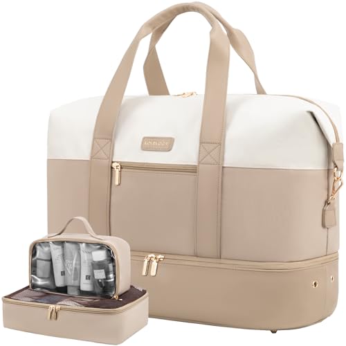 LOVEVOOK Reisetasche Damen Weekender Bag Groß Handgepäck Tasche Sporttasche Kliniktasche Eeburt Travel Duffle Bag mit Kulturtasche Schuhfach für Flugzeug Reisen, Beige Khaki von LOVEVOOK