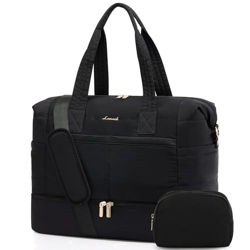LOVEVOOK Reisetasche Damen, Weekender Handgepäck Tasche Puffer Kliniktasche Geburt Krankenhaustasche, Groß Travel Duffle Bag mit Schuhfach & Kulturtasche, Sporttasche für Flugzeug Reise, Schwarz von LOVEVOOK