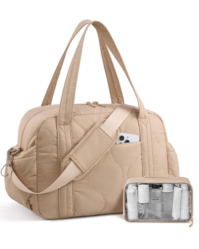 LOVEVOOK Reisetasche Sporttasche Damen, Leicht Puffer Weekender Handgepäck Tasche, Wickeltasche Kliniktasche Geburt, Wasserdicht Duffle Bag Travel Essentials für Flugzeug Reise Sport Gym, Khaki von LOVEVOOK