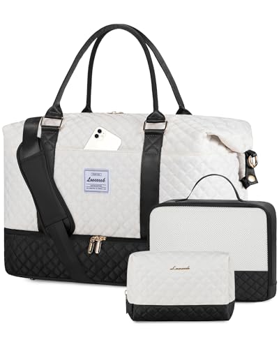 LOVEVOOK Reisetasche für Damen, Weekender Tasche mit separatem Schuhfach, Handgepäck über Nacht, Beige - Schwarz, Medium-18inch von LOVEVOOK